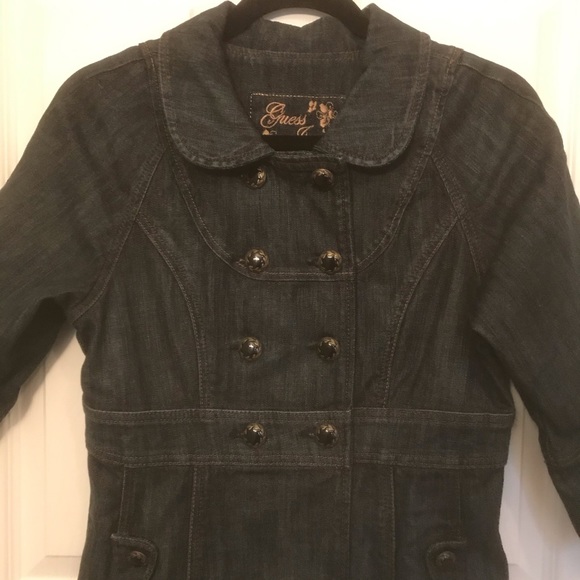 GUESS Long Denim Double Breasted Dress Jacket Stretch M - Picture 2 of 16